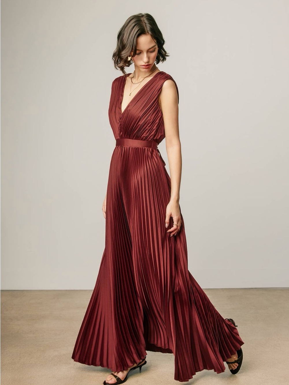 Dress Forum - Pleated Satin V Neck Maxi Dress